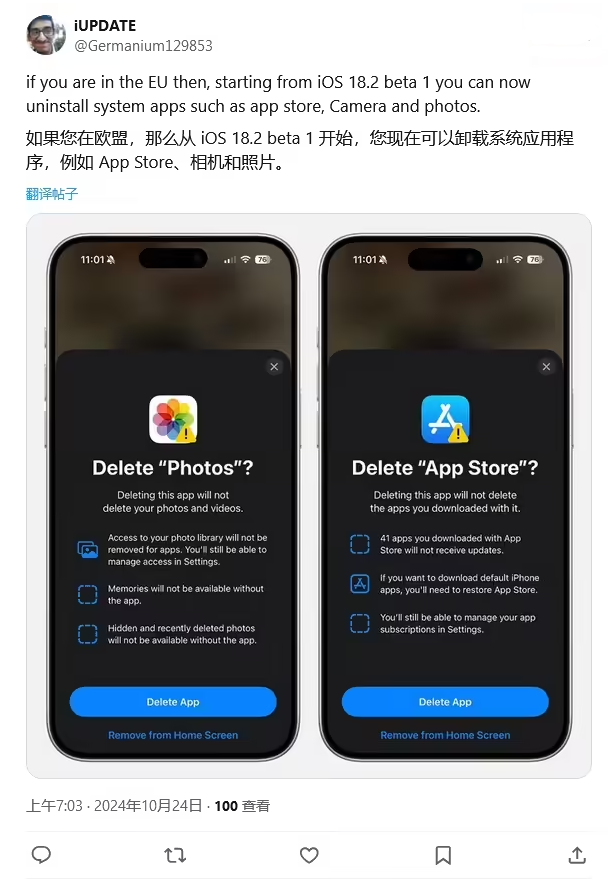 洪湖苹果手机维修分享iOS 18.2 支持删除 App Store 应用商店 